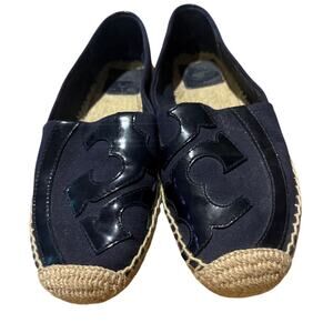 Tory Burch Blue Black Canvas and Patent Leather Poppy Espadrilles Sz. 7.5
